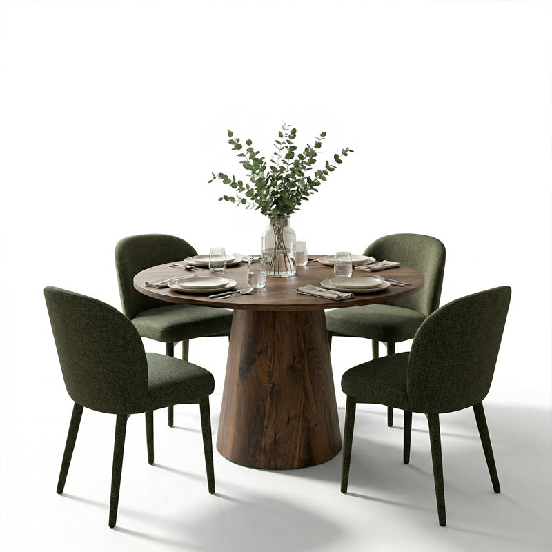 Modern Round Dining Table Set With Upholstered Chenille Dining Chairs, Pedestal Kitchen Table Set For 4, Green