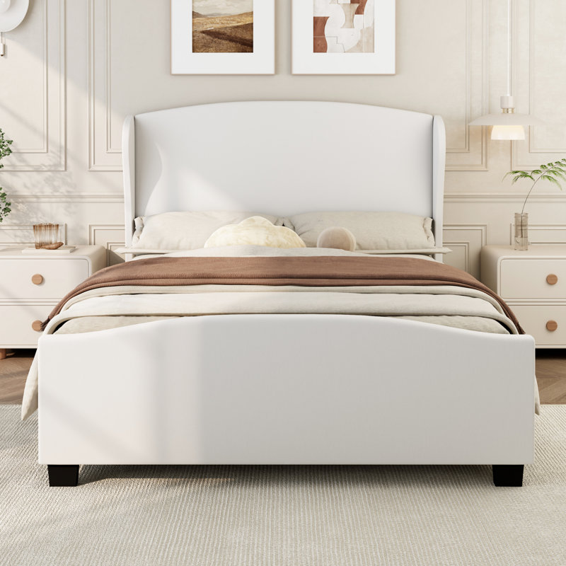 Structure de lit grand en lin à oreilles beige de 51 po pour grand lit, aucun sommier requis, soutien solide des pieds, environnement de sommeil confortable requis, surface solide stable