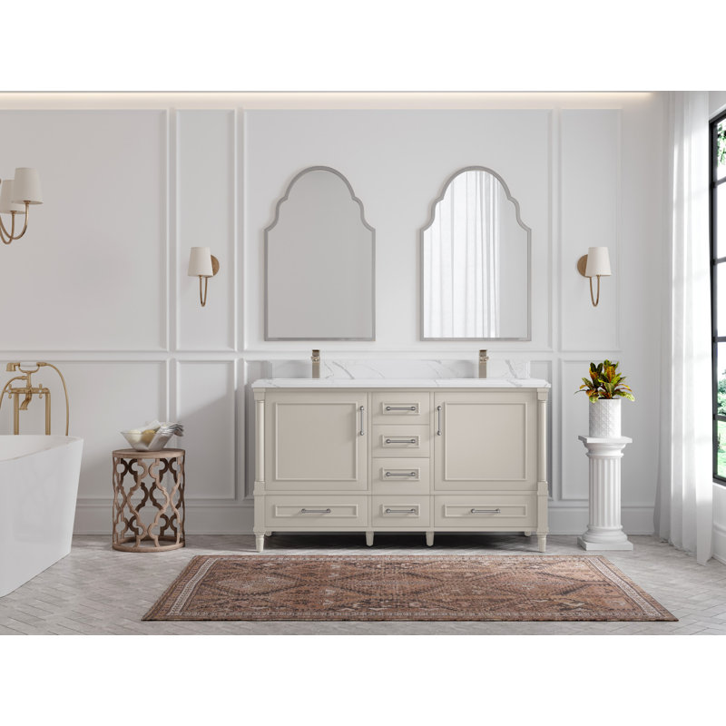 60 po X P 22 po D Meuble-lavabo double de salle de bain Hale, Calacatta Laza, Bleu marine hâlé