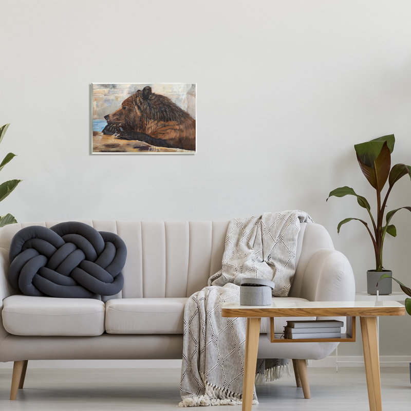 Ours brun, faune d'un lac - peinture, H 13 po x l 19 po x P 0,5 po, Bois