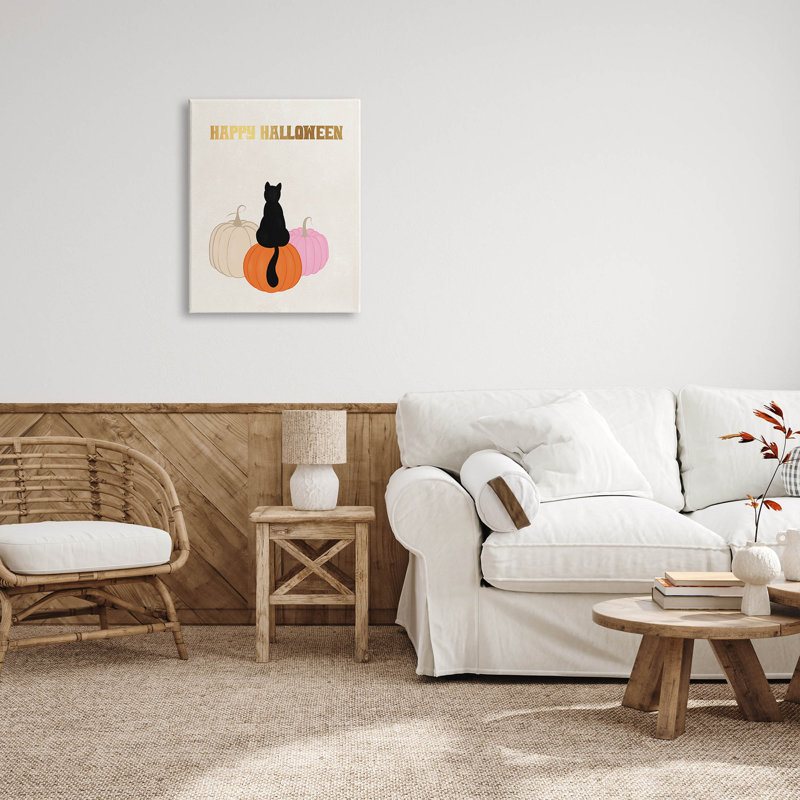 «Happy Halloween», chat noir, citrouilles, art mural par Jo Taylor, H 30 po x l 24 po x P 1,5 po