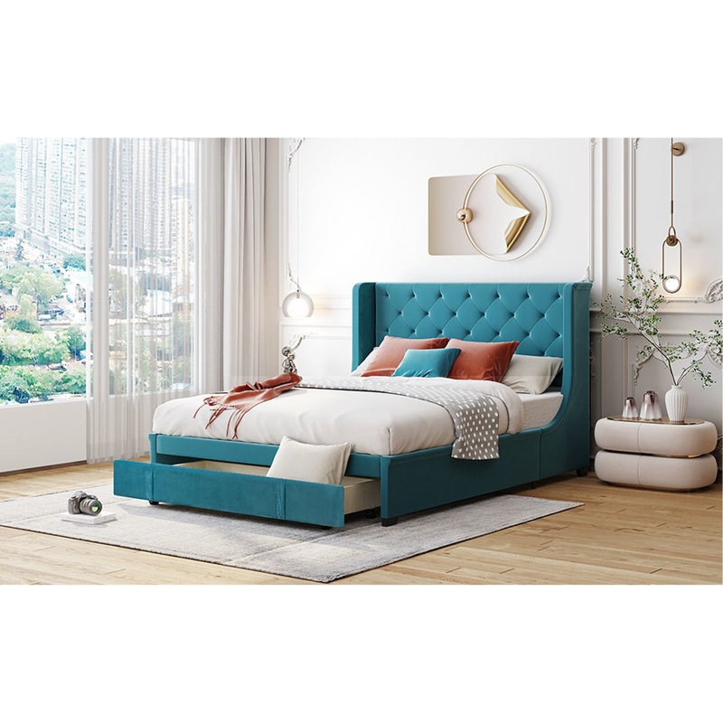 Lit plateforme tapissier grand en velours bleu avec tête de lit à oreilles relaxante - couleur unie et construction