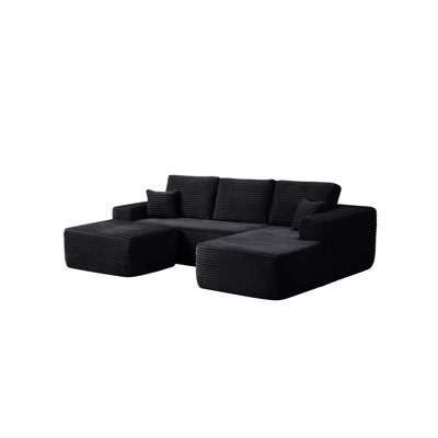 104" Cloud Sectional Sofa With U-Shape Chaise And Side Pockets, Modern Modular Design, Deep Seating, Upholstered Couch For Living Room/Bedroom, No Assembly Required (Plush Fabric), Black,Right