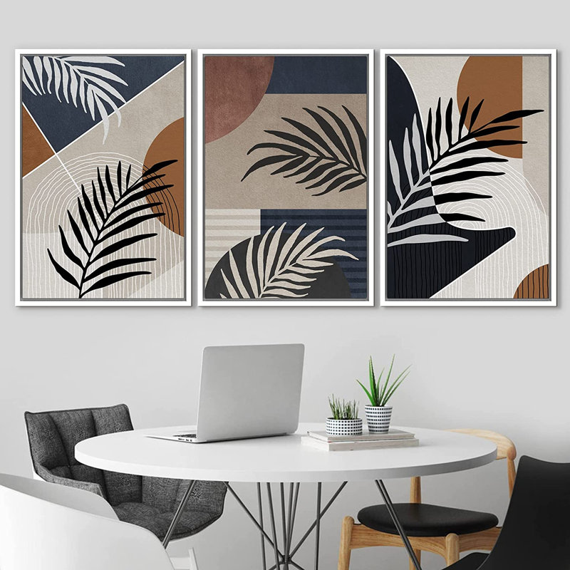 «Mid Century Modern Boho Geometric Tropical Palm Leaf Landscape Abstract Nature Illustration», ensemble de 3 impressions sur toile