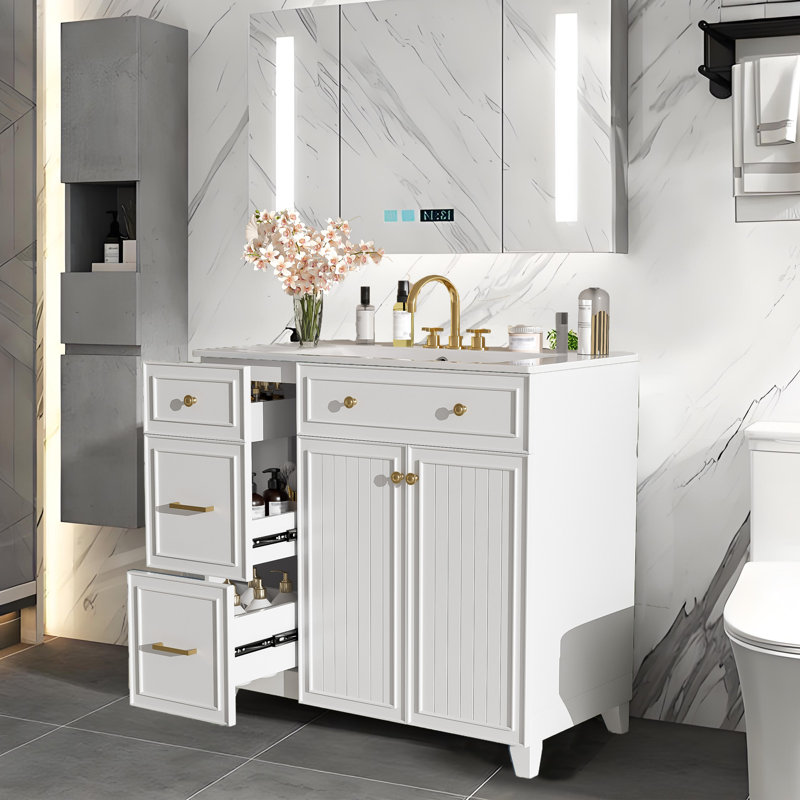 Meuble-lavabo autoportant moderne 36 po avec lavabo en céramique et 3 tiroirs pour petites et moyennes salles de bain, Blanc