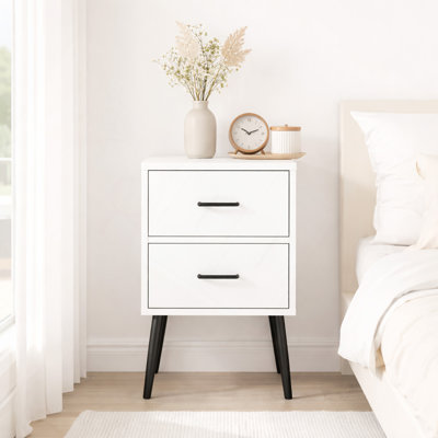 Table de chevet 2 tiroirs avec pieds et poignées en métal, table de chevet blanche moderne, petite table de bout pour chambre à coucher, salon ou appartement