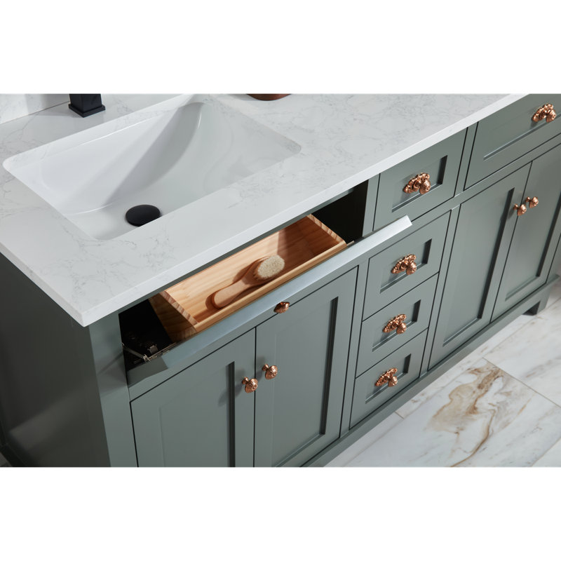 60" Finish Solid Wood Sink Vanity With 1' Artificial Stone Top, Pewter Green, Rose Gold