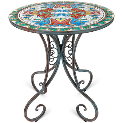 Indoor/Outdoor Bistro Tables, 24" Round Mosaic Coffee Table For Outside, All Weather Patio Accent Table For Yard Balcony Porch Garden Deck Poolside, Easy Assembly, Wild Lily