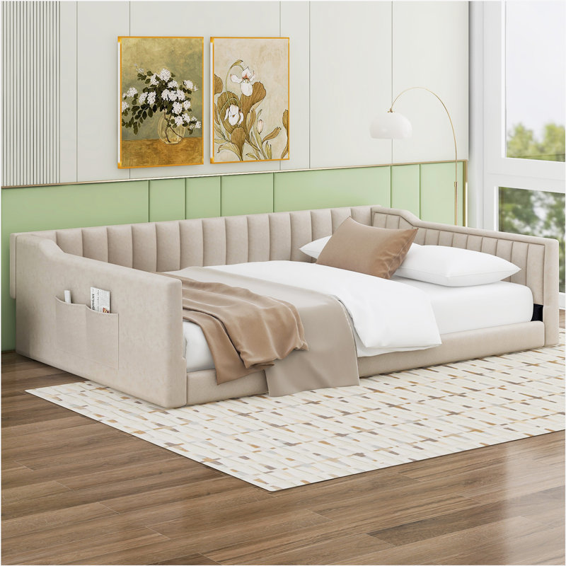Upholstery Daybed and Side Storage pocket, Beige, Full/Double