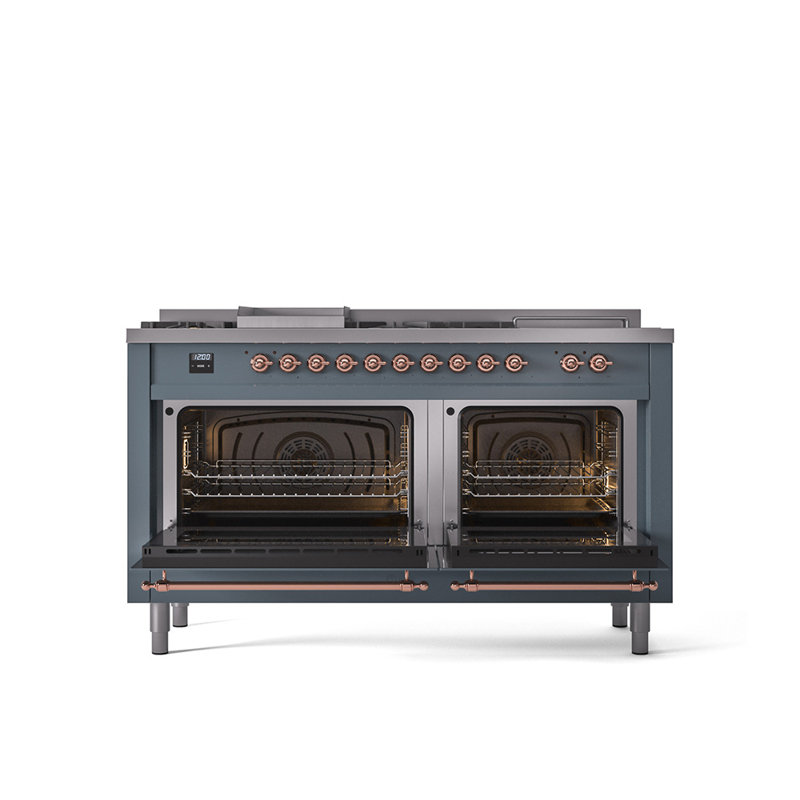 ILVE Nostalgie II 60 Dual Fuel Range, 5 Burners, Griddle, Frenchtop , Blue/Gray/Copper, Natural Gas