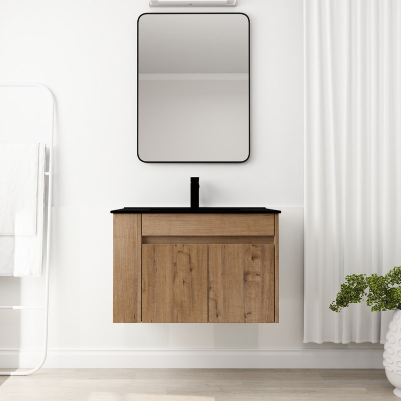 Meuble-lavabo de 30 po avec lavabo en céramique noire et tablette ouverte réglable - compacte, à finition grattée et à l'eau, tiroir spacieux contemporain de 30 po, à la lumière du soleil