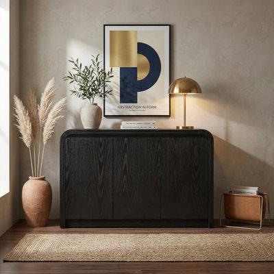 Curved Edge 47.24" Wide Black MDF 3-Door Buffet Cabinet with Storage