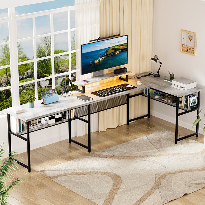 Manasa 83" U-Shape Computer Desk with LED Light Strip and Sockets, Light Walnut/Black