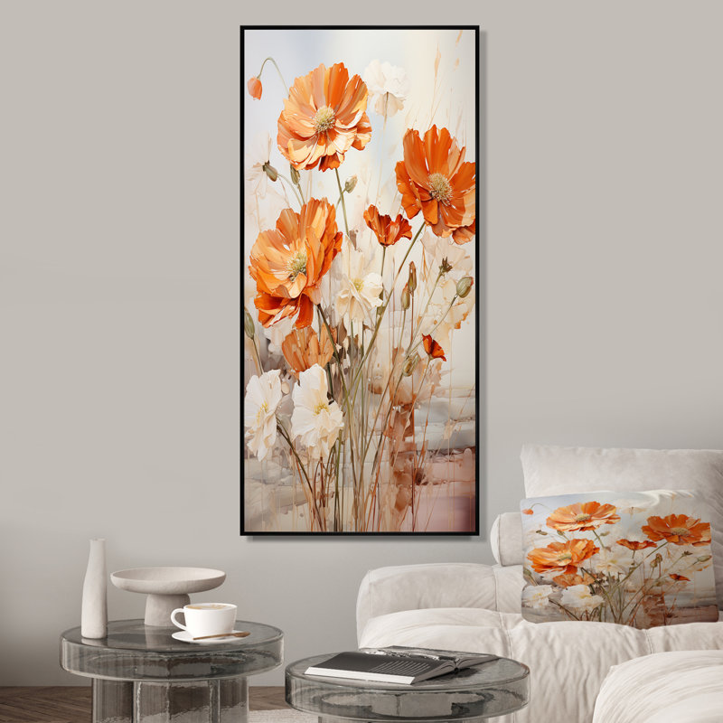 Orange And Beige Fiery Blooms 1 - Marigold Wall Art, Black Floater Framed, 32" H x 16" W