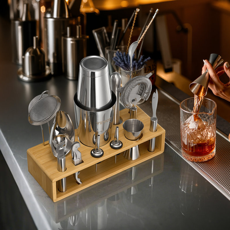 Ensemble de bar à cocktail en acier inoxydable 13 pièces, Bois naturel