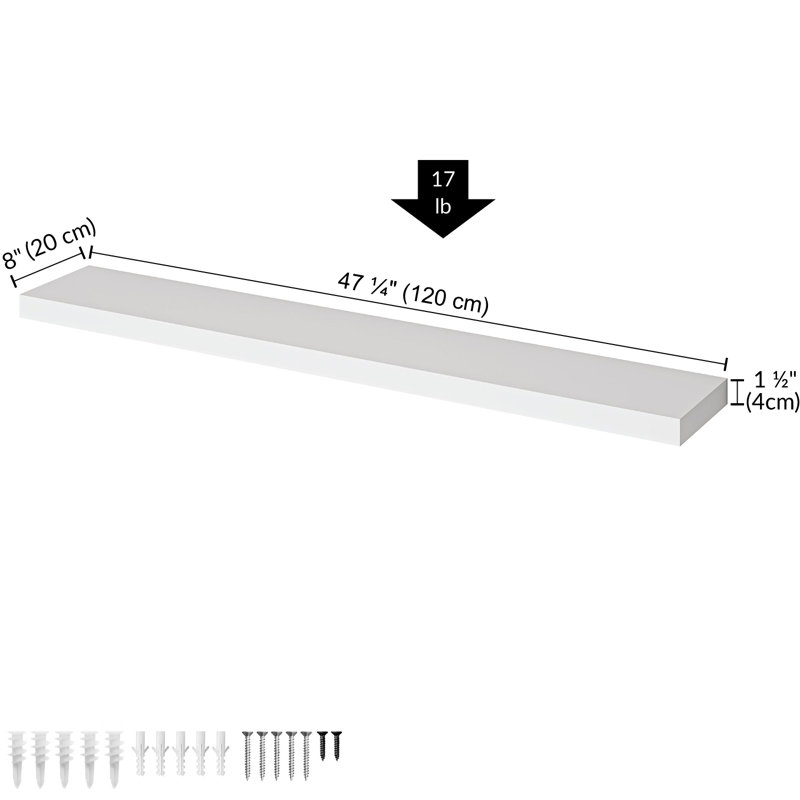 Miami 48" W x 8" D Floating Shelf with Invisible Wall Mount Bracket, White