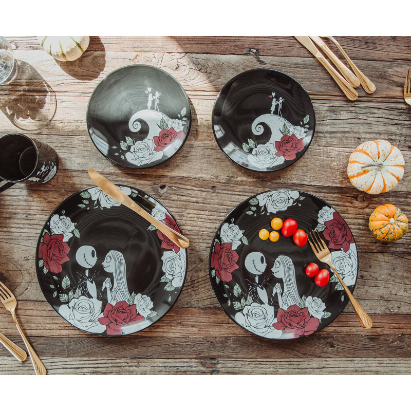 Disney Nightmare Before Christmas Jack and Sally Roses 16-Piece Dinnerware Set