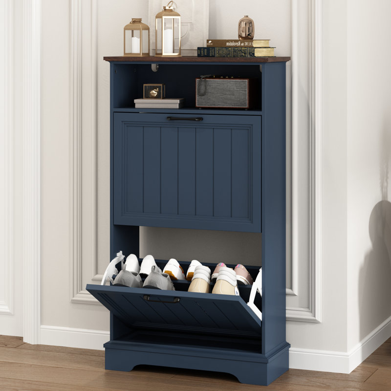12 Pair Shoe Storage Cabinet with 2 Flip Drawers, Navy/Brown 