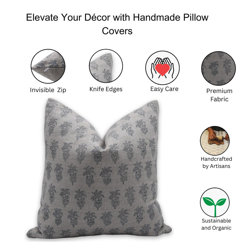 Block Print Throw Pillow Cover MNHGRTLSquare, Gray Floral 4, Square 14"