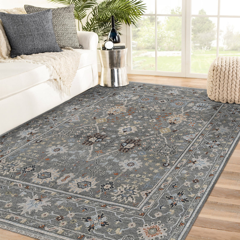 Tapis oriental en laine noué à la main gris / ivoire / noir Hillard, Rectangle 2 pi 8 po x 8 pi