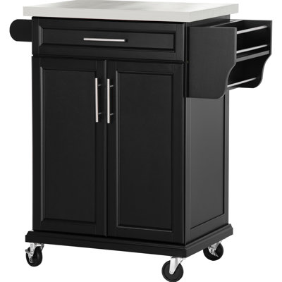 Mobile Kitchen Workstation In Black, Stainless Steel Countertop For Cooking, Drawer And Cabinet Storage, Towel Spice Rack Organization, 4 Movement Trolley On Wheels With Countertop, Drawer, Holder,