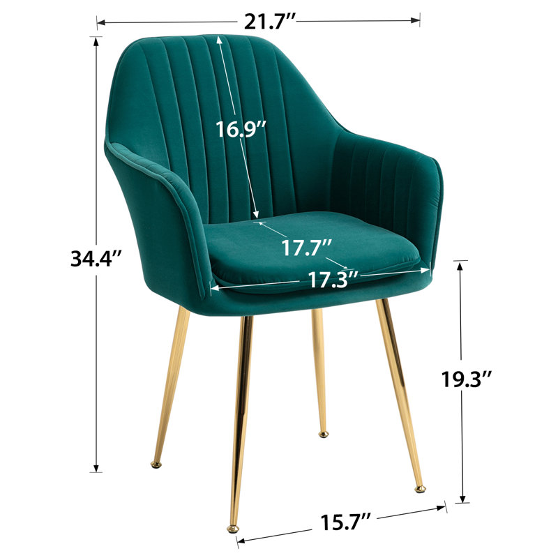 Green Velvet Upholstered Arm Chair with Gold Metal Legs, Set of 4