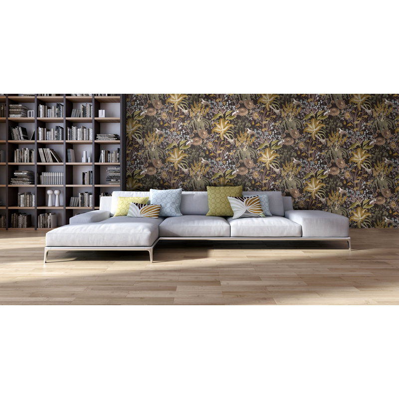 Tropical Collection Mo'orea Inspired Flowers and Birds 27.8' L x 27.5" W Wallpaper Roll, Walnut