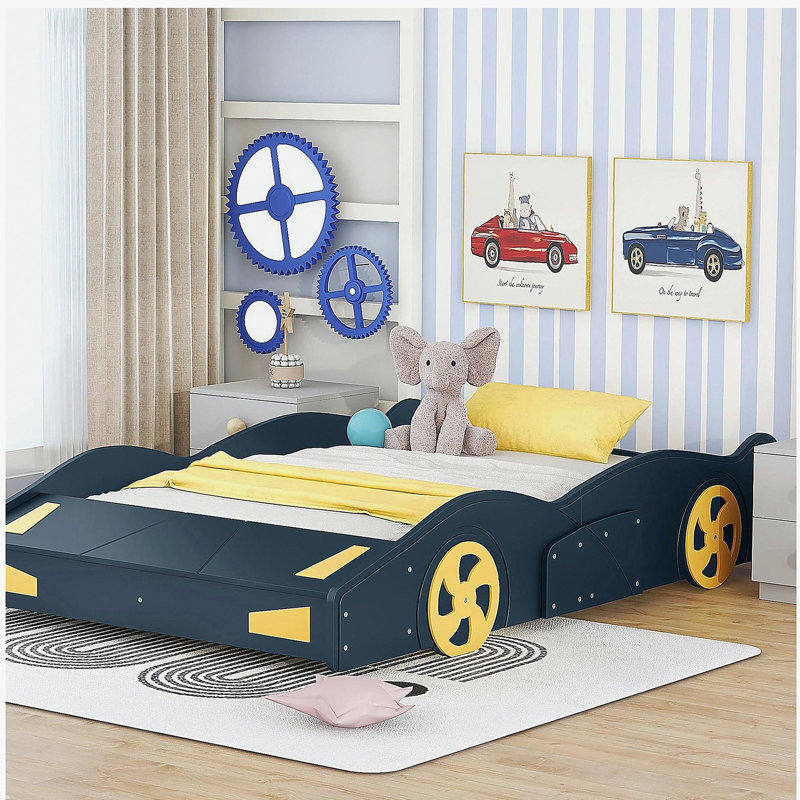 Lit plateforme double en forme de voiture de course avec roues et rangement, bleu foncé et jaune, Dark Blue
