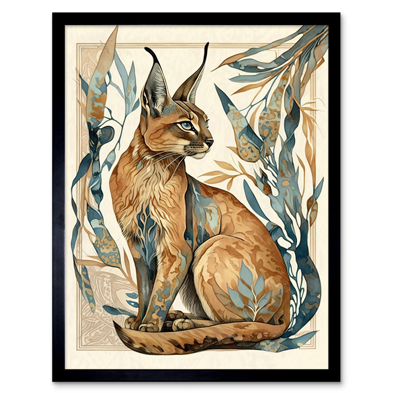 Caracal Cat With Teal Plants Modern Nouveau Watercolour - Single Picture Frame Print