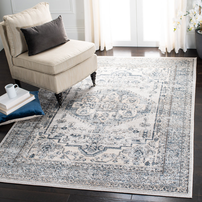 Ivory and Light Blue Hand-Knotted Rectangular Rug 8' x 10'