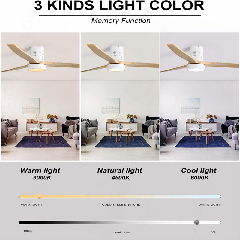 Ventilateur de plafond encastré de 52 pouces avec lumière DEL et télécommande, White