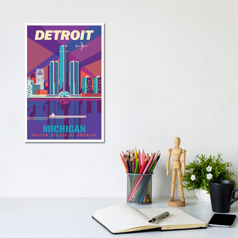 Detroit Travel Poster by Jim Zahniser - Wrapped Canvas Print, 20.32 cm H x 30.48 cm W