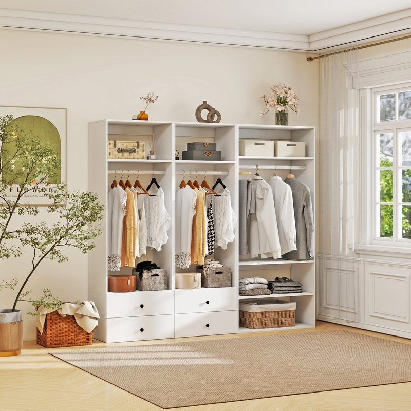 Système d'organisation modulaire blanc avec 3 tringles, 5 tablettes et 4 tiroirs