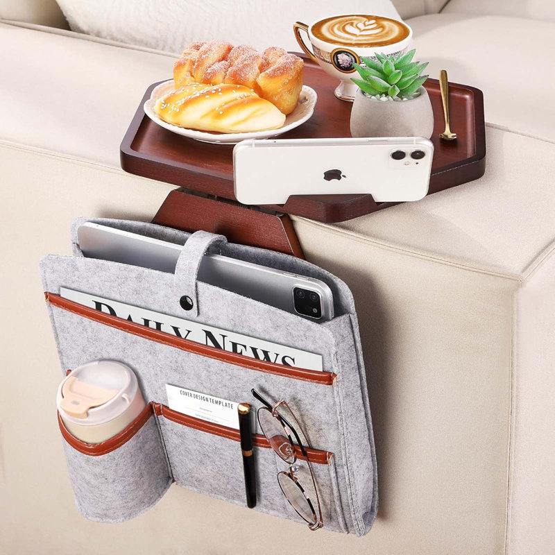 Sofa Arm Clip Table, Couch Arm Tray Table Wooden Side Tables For Wide Couches Armrest Table For Eating/Drinks/Snacks/Remote/Control (Brown+Bag)