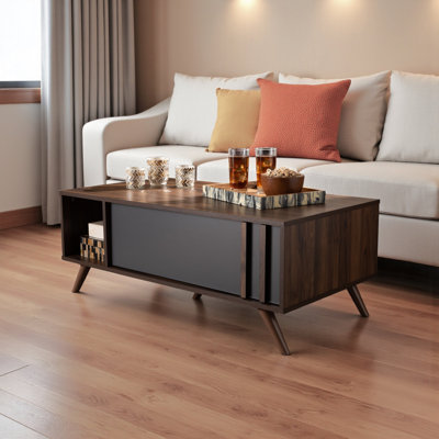Jovi 1-Drawer & 2-Shelves Two-Tone Gray & Brown Coffee Table, 16.22" H X 21.59" D X 41.07" W