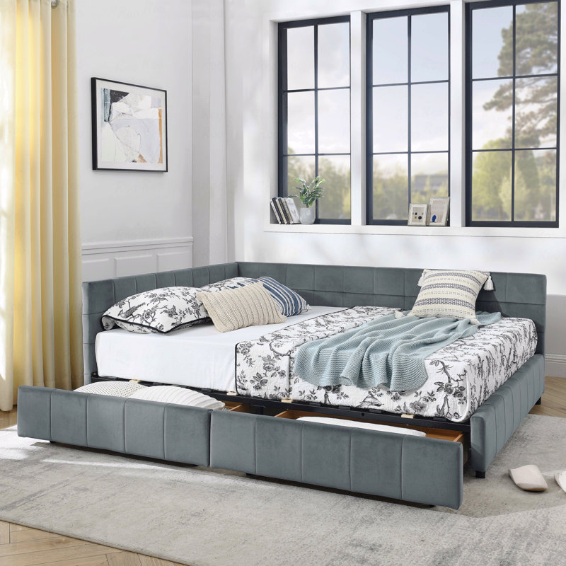 Queen Size Mid-Century Velvet Daybed with Underbed Storage Drawers, Gray, Queen