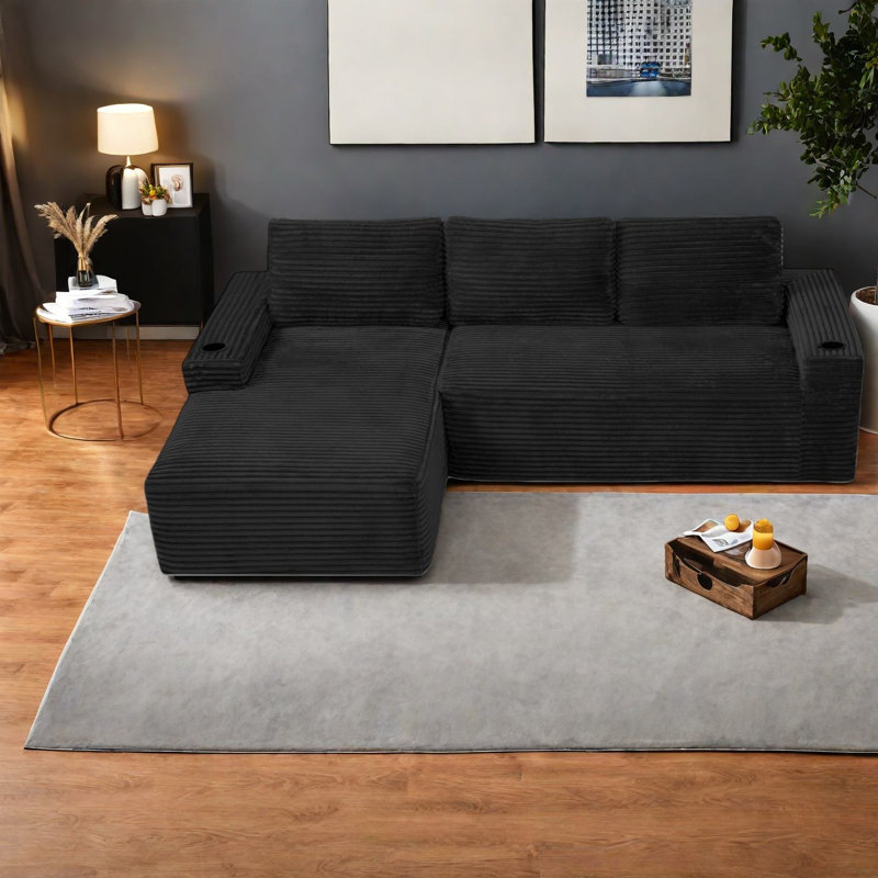 Modulaires spacieux en velours côtelé noir avec rangement, forme en L moderne pour la maison