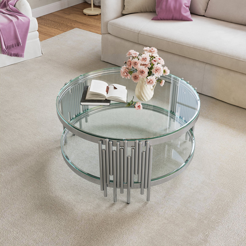 Bordeaux 35.43" Two-Layer Mirror Glass Top Single Coffee Table, Clear Top/Silver Base