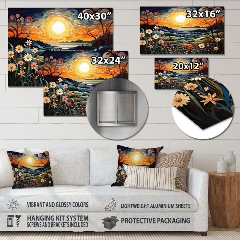 «Blooming Flower Majestic Moon Ocean Horizon», reproduction d'art abstrait paysage mural, Métal métal