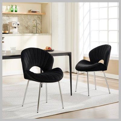 Modern Design Chair Back Hollow, 21.6-inch Enlarged Seat Surface With Silver Legs ,Set of 2 , Black Velvet Fabric