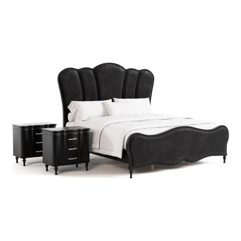Ensemble de chambre à coucher 6 pièces, Grand, Noir, 6 pièces: lit, commode, commode, miroir, 2 tables