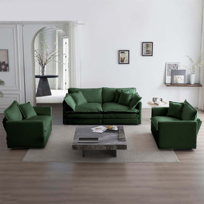 Ensemble de canapé en chenille 3 pièces avec accoudoirs et coussins décoratifs, peu encombrant et confortable pour les salons modernes