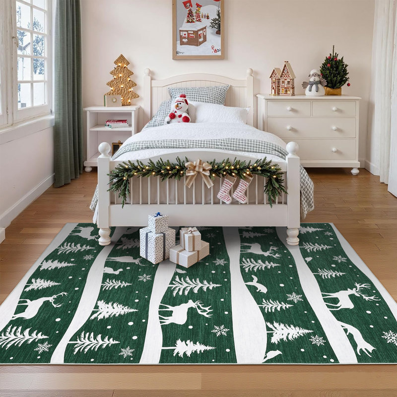 Christmas Non-Slip Area Rug for Living Room – Low Pile Washable Mat with Xmas Tree, Reindeer & Snowflake – Soft Holiday Home Decor for Bedroom, Dining Room