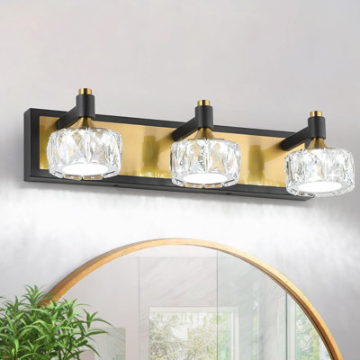 Luminaire de salle de bain moderne à DEL à intensité variable avec appliques en cristal, finition noire et dorée, éclairage mural écoénergétique au-dessus d'un miroir
