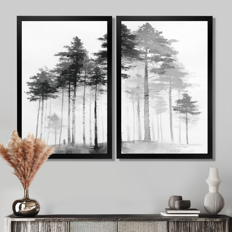 «Black and White Tall Pine Tree Forest», art sur toile de pin, art mural nature noir 2 pièces, Cadre photo unique, Noir