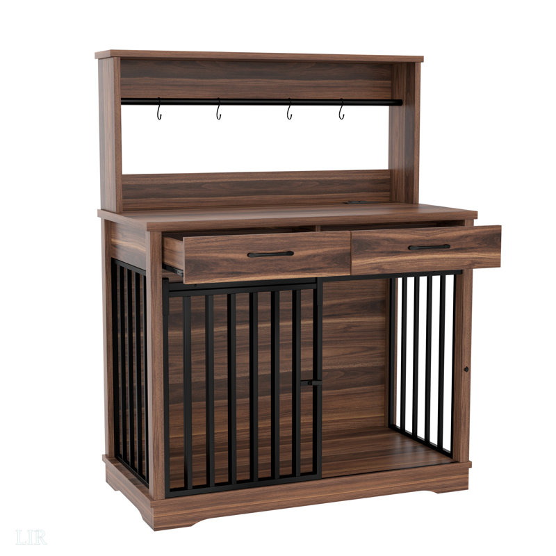 Meuble pour cage 38 po, table cage robuste avec 2 tiroirs de rangement et tablettes, table de bout avec porte coulissante pour chien à l'intérieur, table de bout