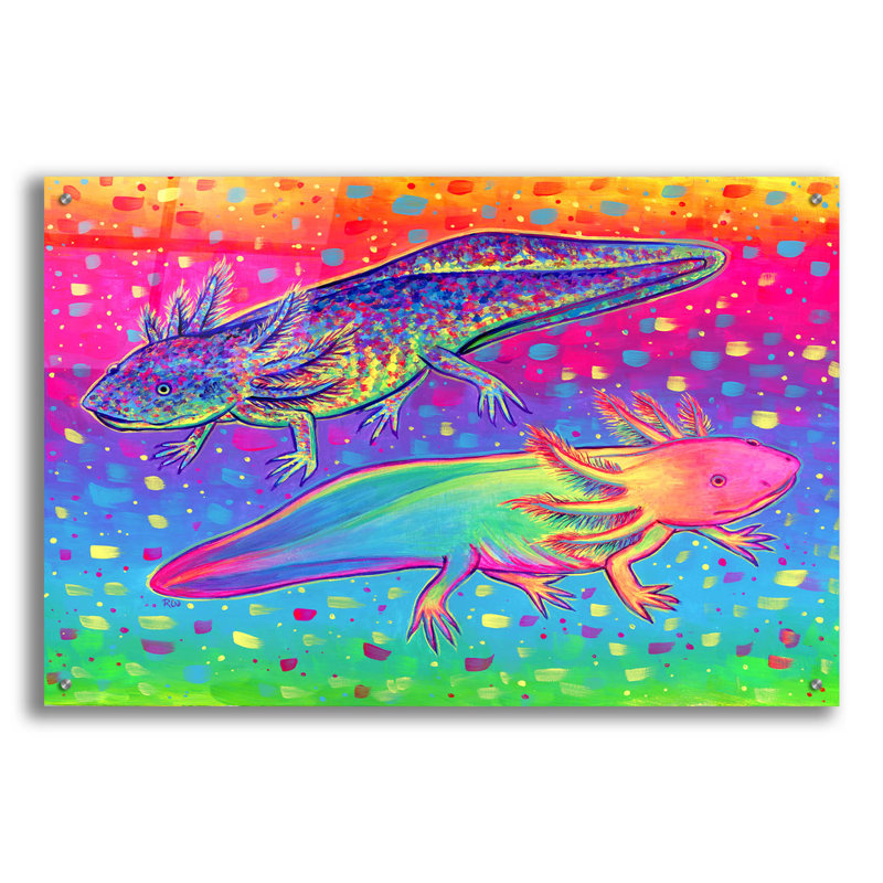 Art mural en verre Trinx «Rainbow Axolotls» par Rebecca Wang, H 24 po x l 36 po x P 0,2 po