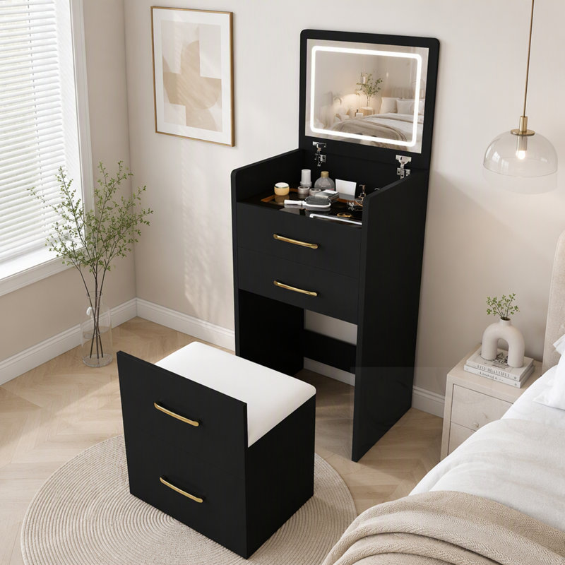 Coiffeuse de maquillage avec miroir et bureau en verre et 3 tiroirs