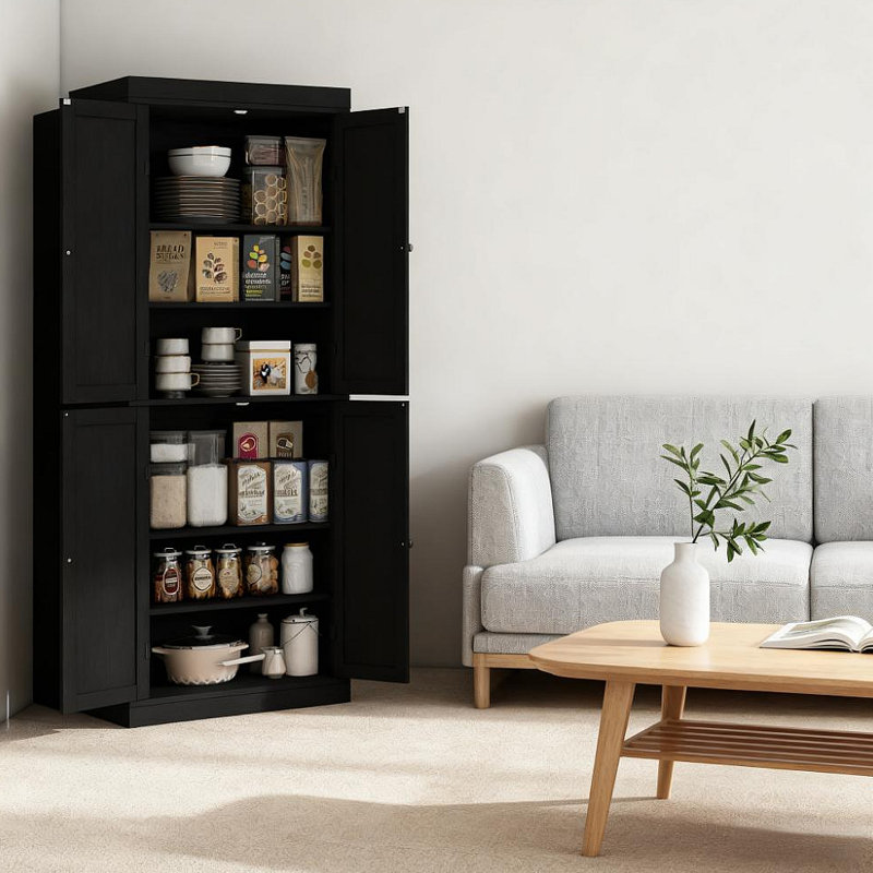 Armoire de cuisine, armoire de cuisine autoportante, armoire de rangement avec portes et tablettes, Noir