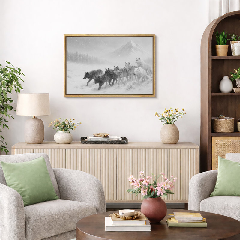 «Wolf Pack Walking Through Snowy Landscape», reproduction d'art sur toile, Cadre naturel, H 24 po x l 36 po